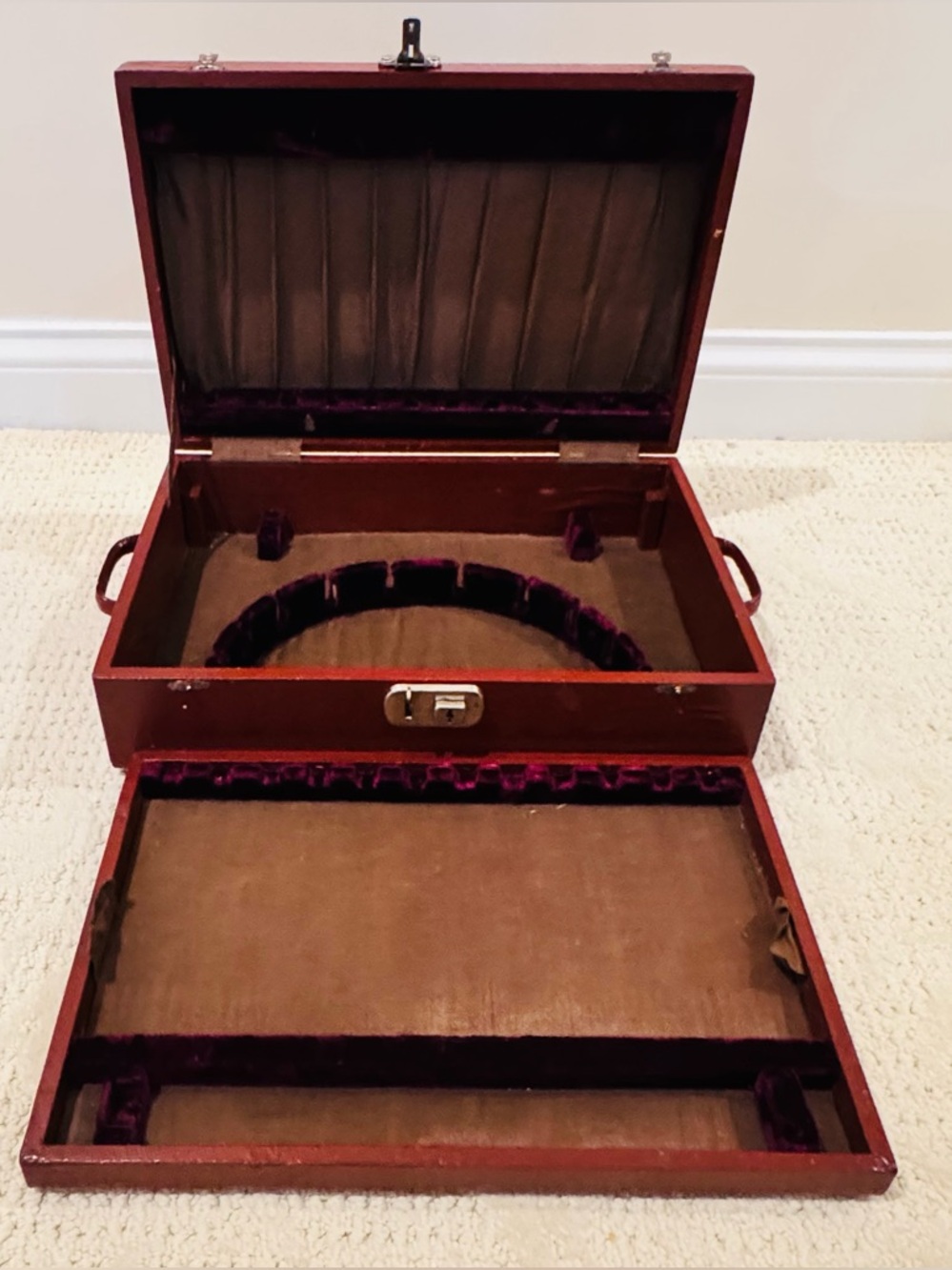 Vintage Flatware Storage Chest Wooden Silverware Red Velvet Lined Organizer Case